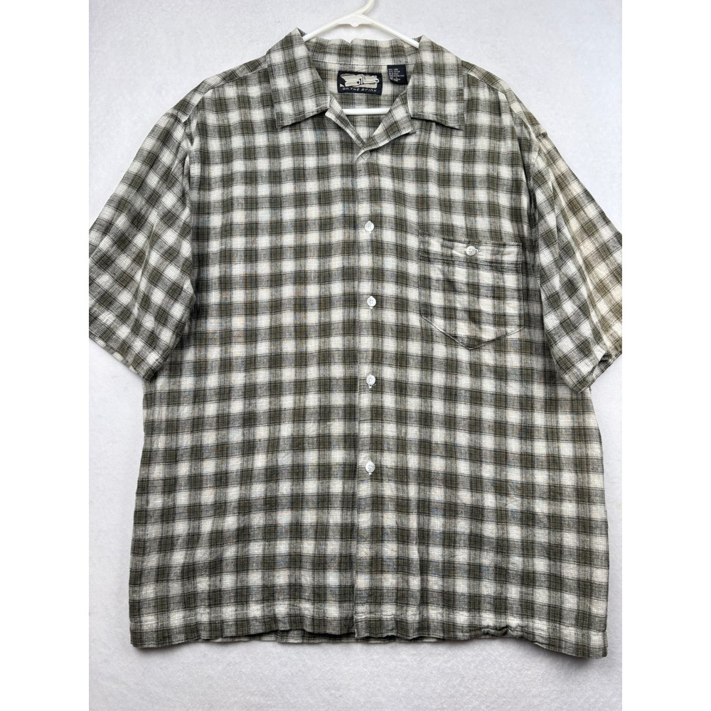 On The Brink Linen Cotton Shirt Mens L Plaid Camp Button Down